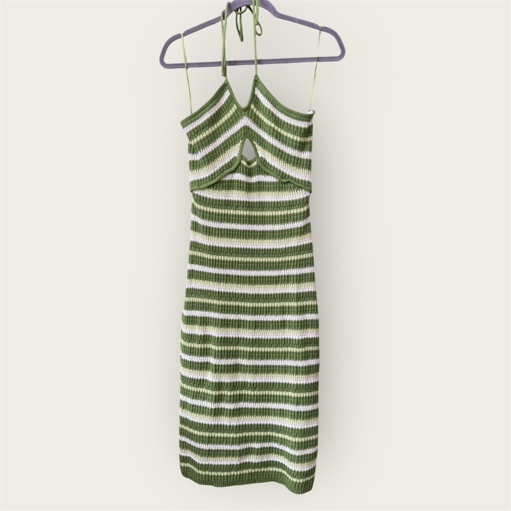 Sincerely Jules green and white striped knit halter neck midi crochet dress EUC - Picture 2 of 4